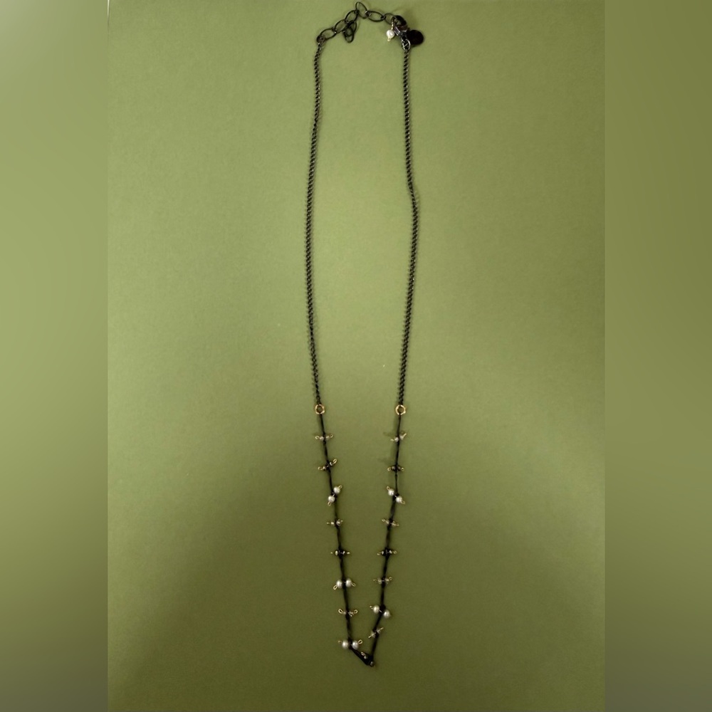 Delicate oxidized silver chain necklace with tiny pearl and glass beads.